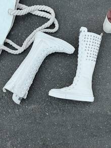 OPOEE Canvas Shoes, Mid-Top Sneakers For Children, Spring/Autumn, Korean Style, Unisex, Fashionable Low-Top, Casual Lace-Up Athletic Shoes, Classic High-Top Sneakers, All-Match Casual Sports Skateboard Shoes For Kids - 白色 - 查看 5