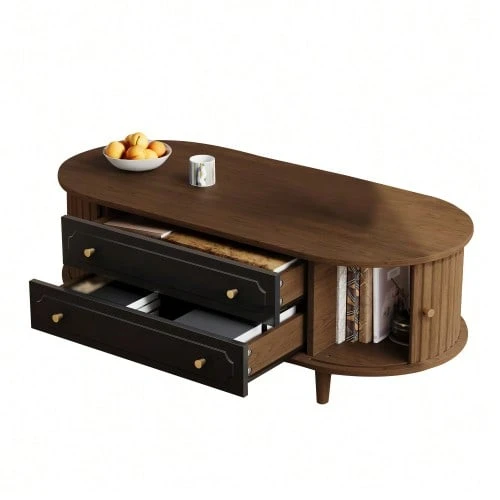 Coffee Table 100 X 50 X 36 Cm, Walnut Finish. Coffee Table With Two Drawers, Console Table With Roll-Up Door, Side Table, Living Room Table With 4 Legs, Walnut And Black Finish. - Brown - View 1