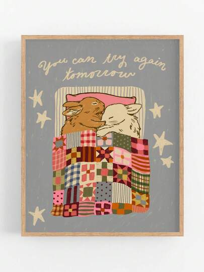 1pc Frameless Sleepy Bunny Couple Cozy Bedroom Wall Art - Cute Rabbit Couple Poster For Bedroom, Dorm, Home Office, Classroom Decor, Romantic Room Decor & Best Gift Choice