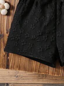Baby Girls' Cute Solid Color Round Neck Sleeveless Bow Decor Button Design Half-Placket Romper, Suitable For Home, Daily Wear And Outings, Spring/Summer - Black - View 8
