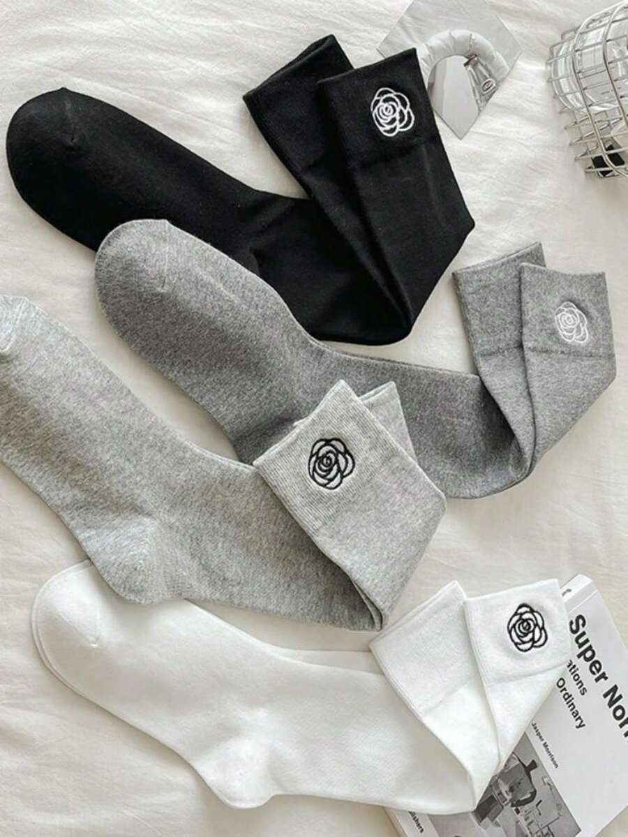 1 par de calcetines largos de estilo japonés bordados con flores, calcetines de unicolor minimalistas y elegantes para mujer - Multicolor - Ver 1