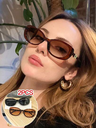 2 PCS Women's Oval Fashion Glasses Solid Color Tortoiseshell Polycarbonate Frame Vintage Style Suitable For Outdoor Activities With Glasses Box