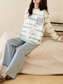 2pcs/Set 2026 Spring & Autumn Women Cotton Blue Striped Long Sleeve Pajama Set - Baby Blue - View 4