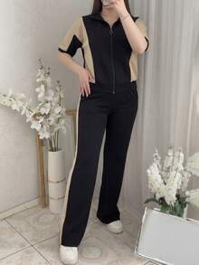 Tenue de ville décontractée pour femme, veste ample à manches courtes avec empiècement contrasté confortable + pantalon droit à jambes droites avec rayures contrastées, ensemble 2 pièces noir élégant pour l'été - Noir - Voir 3