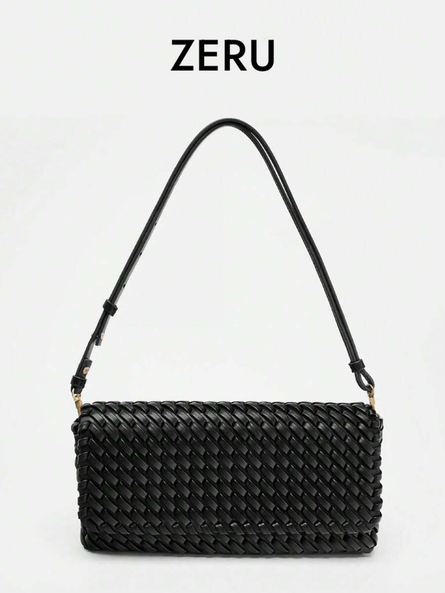 2026新款编织手提包，优雅单肩翻盖包，简约托特包，百搭奢华艺术包 - 黑色 - 查看 1