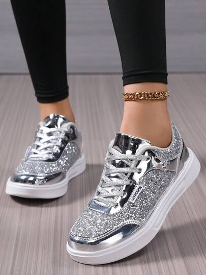 Gold Women's Fashion Casual Sports Shoes, Shiny Leisure Travel Shoes, Student Sneakers, Lace-Up Flat Running Shoes, Lightweight Casual Shoes, Suitable For All Seasons, Low-Top Shoes, Gold Glitter Shoes, Fashionable Personalized Dress Shoes For Female Students