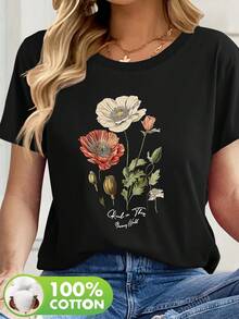 Women's 100% Cotton Floral Print T-Shirt - Black Casual Short Sleeve Round Neck Top With Vibrant Poppy &Amp; Foliage Design, Machine Washable Spring/Summer Casual Attire, Ladies T Shirts, Summer Fashion, Breathable Fabric - 黑色 - 查看 1