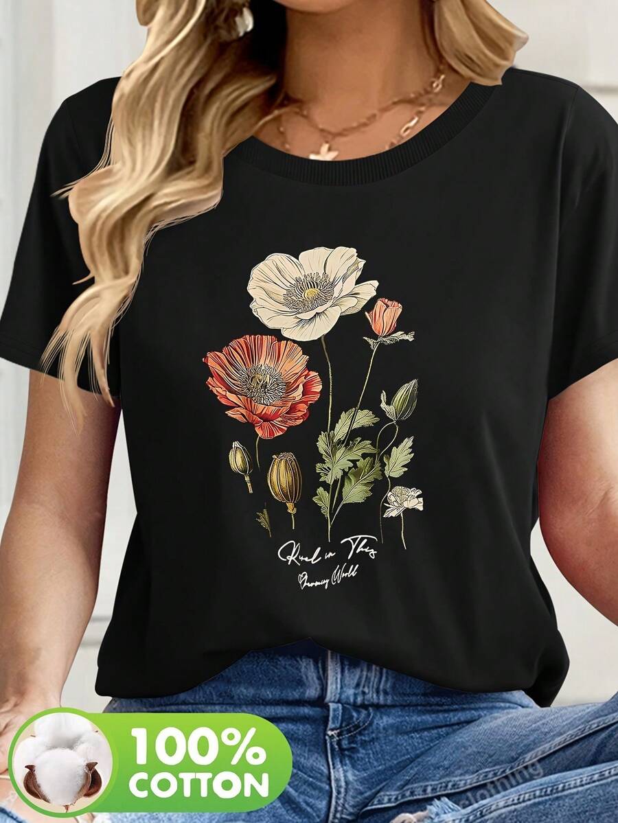 Women's 100% Cotton Floral Print T-Shirt - Black Casual Short Sleeve Round Neck Top With Vibrant Poppy &Amp; Foliage Design, Machine Washable Spring/Summer Casual Attire, Ladies T Shirts, Summer Fashion, Breathable Fabric - 黑色 - 查看 1