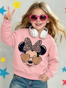 Disney Minnie Mouse Leopard Print Bow With Heart Sunglasses Fashion Comfortable Print Young Girls' Long Sleeve Sweatshirt, Suitable For Autumn/Winter, Lightweight And Cozy, Great For Layering In Fall, Fashionable Casual Wear, Graphic Design, Back To School Season, Autumn, Back To School Party, Suitable For Outdoor Picnic, Street Photography, Home, Campus, Holidays, New Year Gift - 粉色 - 查看 2