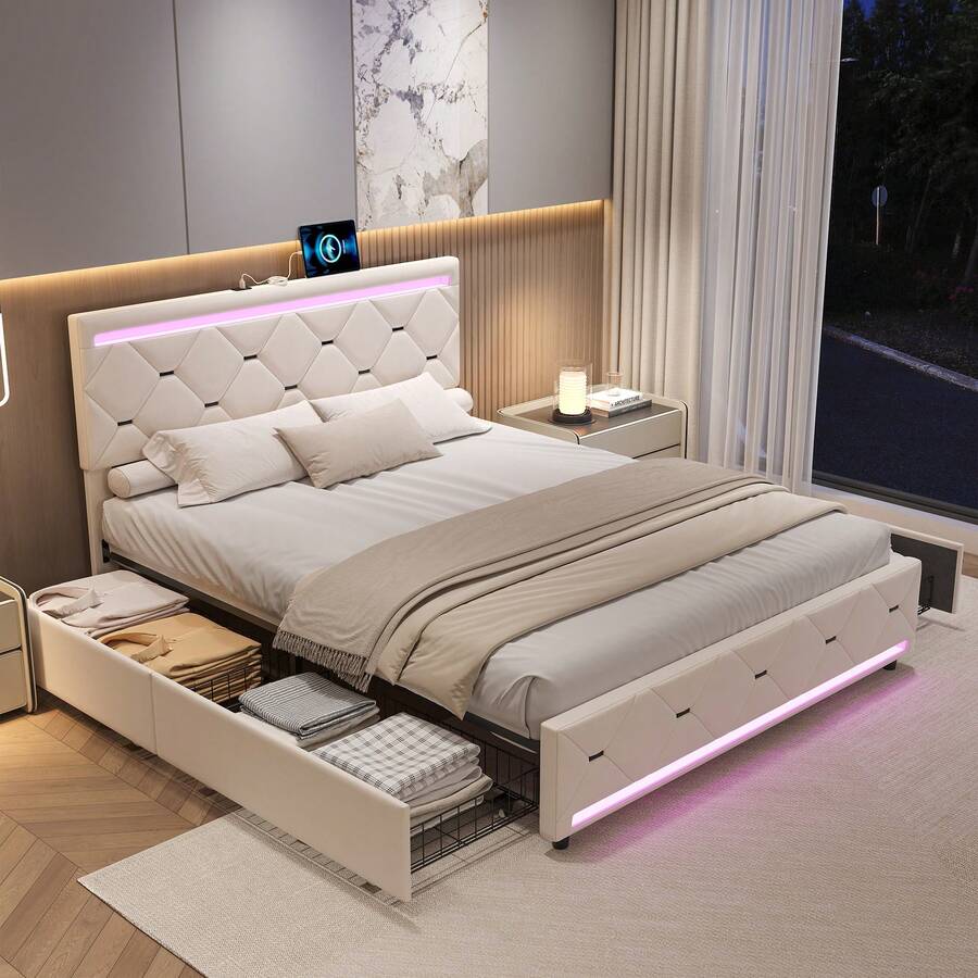Caluself 140/160 X 190/200 Cm Double Bed, Bed With Storage Space And 4 Drawers, Youth Bed With Headboard, Elegant And Sophisticated Bed Frame, Cream-Colored, Velvet - Màu be - Xem 1