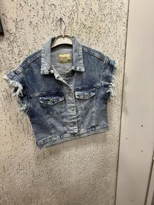 Women's Single-Breasted Casual Frayed Hem Vest - Blue - View 1