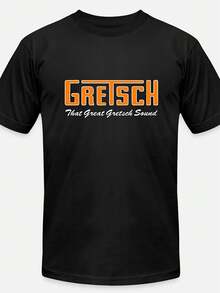 Men's Gretsch Retro Music Logo And Classic Drum/Guitar Amp Pattern T-Shirt - 100% Cotton Casual Short Sleeve Round Neck, Black Base With Orange And White Retro Brand Logo - Machine Washable, Suitable For Music Events And Daily Wear - The Sound Of Gretsch Summer Outfits Summer Tops Country Concert Outfit Vacation Outfits Going Out Tops - (Yoo) - 黑色 - 查看 1