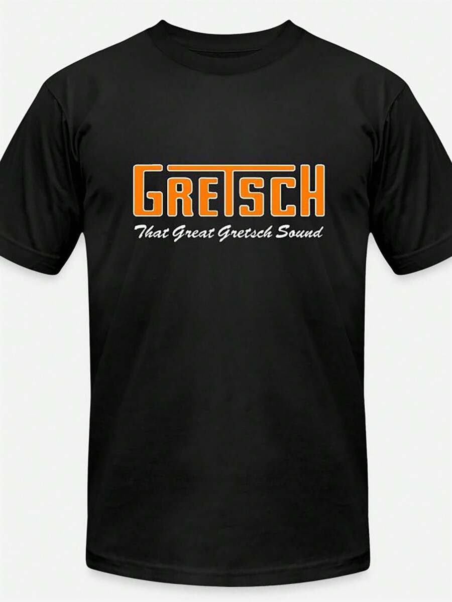 Men's Gretsch Retro Music Logo And Classic Drum/Guitar Amp Pattern T-Shirt - 100% Cotton Casual Short Sleeve Round Neck, Black Base With Orange And White Retro Brand Logo - Machine Washable, Suitable For Music Events And Daily Wear - The Sound Of Gretsch Summer Outfits Summer Tops Country Concert Outfit Vacation Outfits Going Out Tops - (Yoo) - 黑色 - 查看 1