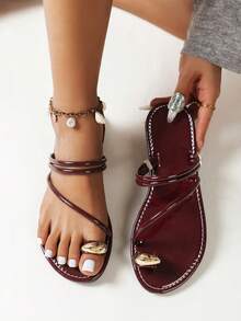 Zapatos de verano para mujer negros, doble uso, estilo popular de hada, planos, sandalias de playa de moda con punta abierta - Burdeos - Ver 7