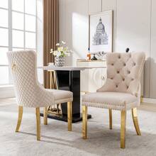Dining Chair With A Unique Striking Unit At The Back, 2 Stations With Studded Head Trim, Gold Stainless Steel Support Legs, Velvet Fabric - Beige - View 2