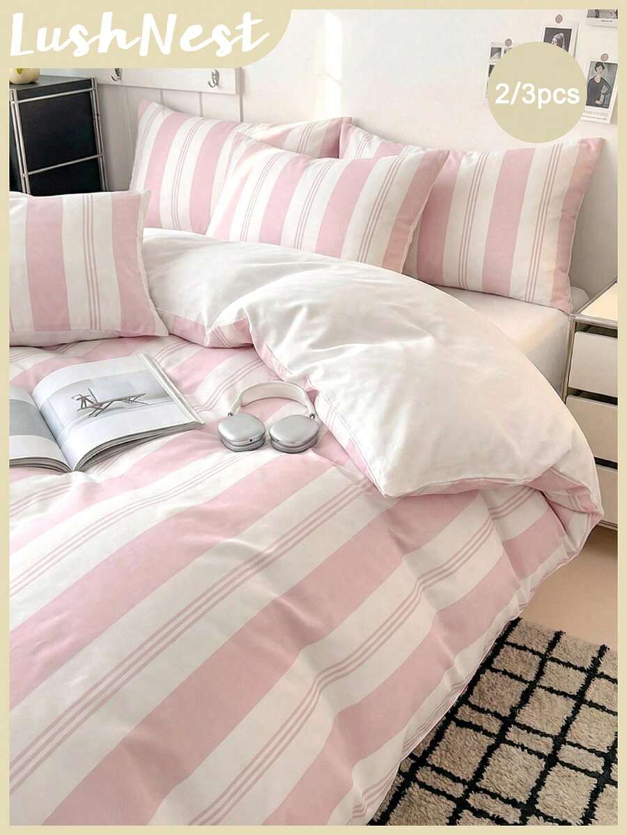 Bộ ga trải giường/vỏ chăn in số sọc hồng (2 món/3 món) (1 vỏ chăn + 2 vỏ gối, không bao gồm ruột chăn) - Được làm từ sợi polyester, thích hợp sử dụng hàng ngày, mềm mại và thân thiện với da, phù hợp cho phòng ngủ, phòng ngủ chính, phòng khách và phòng ngủ phụ.