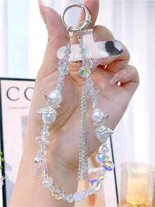 1pc Butterfly Tassel Pearl Crystal Mobile Phone Chain, Handmade Niche Phone Case Hanging Decor, Short Beaded Wrist Strap, Suitable For Outdoor Travel - Multicolor - View 10