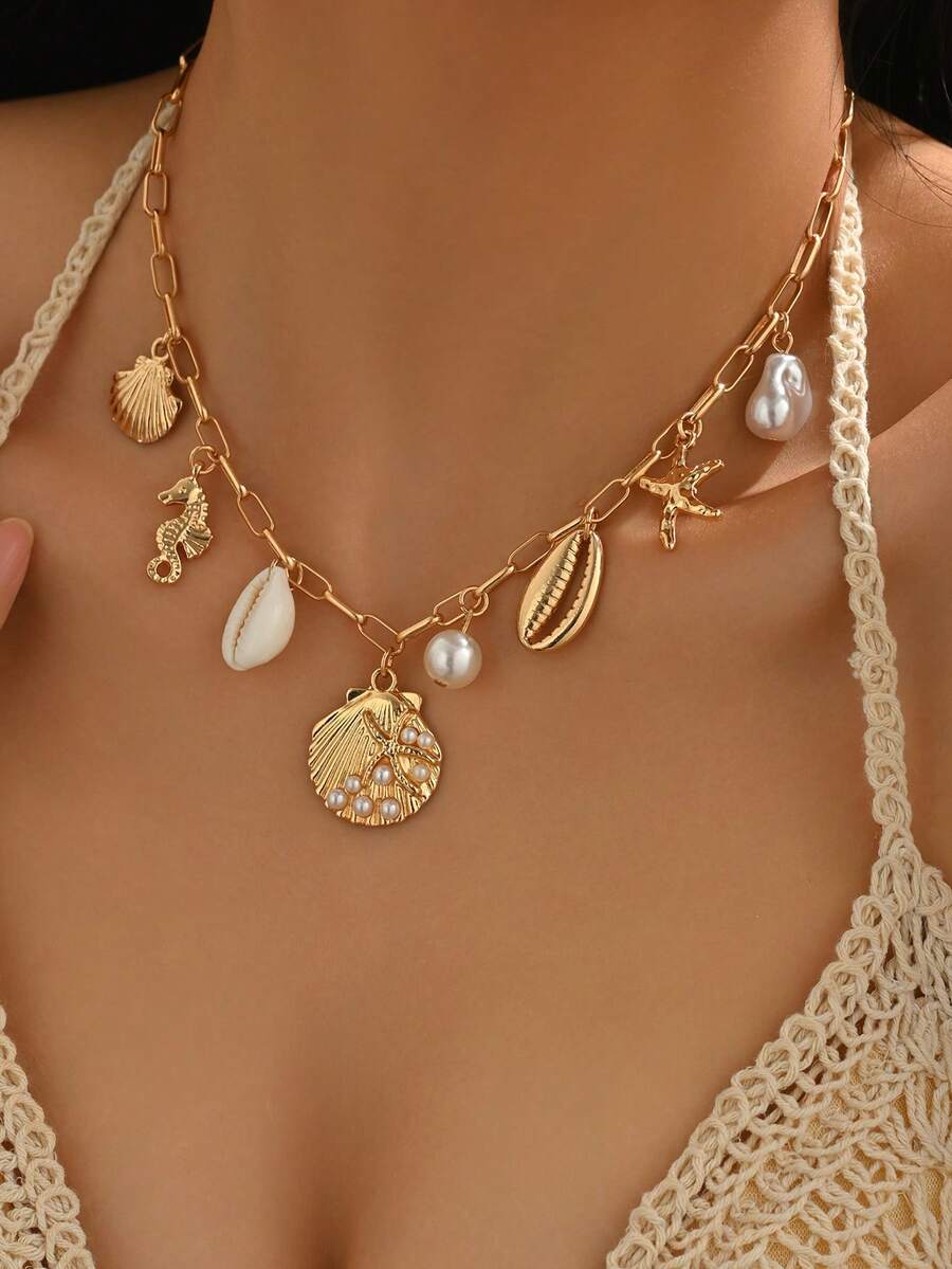 1件夏季海洋风多吊坠金项链，时尚海滩度假贝壳海星海马饰品项链，适合女性日常佩戴、海滩旅行、约会、摄影 - 金色的 - 查看 1