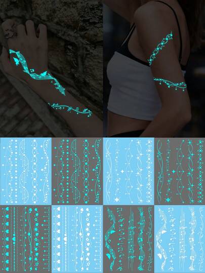 Glow-In-The-Dark Blue Temporary Tattoos, White Music Notes, Crescent Moon & Stars, Wave Stripes, Fake Necklace & Bracelet Designs, Suitable For Wrist, Ankle, Shoulder, Neck, Collarbone, Music Festivals, Parties, Holidays, Gifts