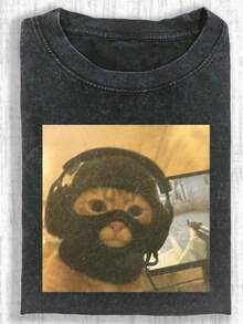 230g Washed Cat Print T-Shirt That Loves Smoking, High-Quality Wax Printed Cotton Retro Fashion Brand T-Shirt, Men's T-Shirt, Beach Must-Have, Men's Summer T-Shirt, Holiday Gift, Perfect Gift,,Graphic Tees,Vintage T Shirts,100 Percent Cotton,Camisetas Para Hombre,,Men Vacation Outfits,Summer Vacation Outfits - 黑色 - 查看 1