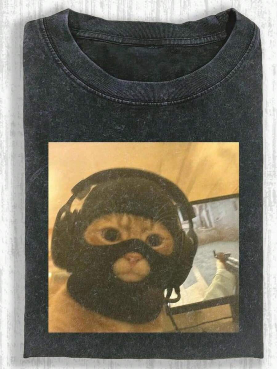 230g Washed Cat Print T-Shirt That Loves Smoking, High-Quality Wax Printed Cotton Retro Fashion Brand T-Shirt, Men's T-Shirt, Beach Must-Have, Men's Summer T-Shirt, Holiday Gift, Perfect Gift,,Graphic Tees,Vintage T Shirts,100 Percent Cotton,Camisetas Para Hombre,,Men Vacation Outfits,Summer Vacation Outfits - 黑色 - 查看 1
