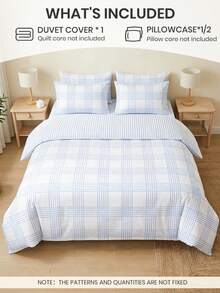 2/3 piezas Juego de Ropa de Cama con Estampado Numérico (1 Funda Nórdica + 1/2 Fundas de Almohada, Sin Relleno), Estampado a Cuadros Azul Claro, Juego de Ropa de Cama Transpirable y Cómodo, Suave y Antipelusas, Apto para Cama Doble/Matrimonial/Queen/King, Todo el Año, Múltiples Tamaños Disponibles, Lavable a Máquina, Decorativo para Dormitorio - Multicolor - Ver 3