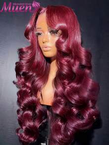 34英寸 13X4 透明蕾丝高清蕾丝前假发，带婴儿发，#99J 酒红色水波纹人发混纺假发，预先拔毛，漂白发结，200% 密度 - SBUG - 查看 2