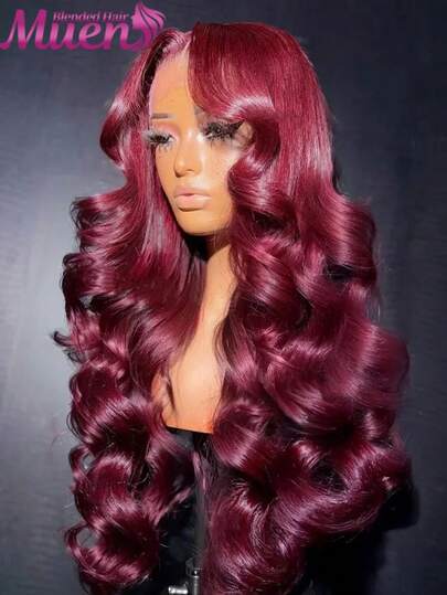 34英寸 13X4 透明蕾丝高清蕾丝前假发，带婴儿发，#99J 酒红色水波纹人发混纺假发，预先拔毛，漂白发结，200% 密度