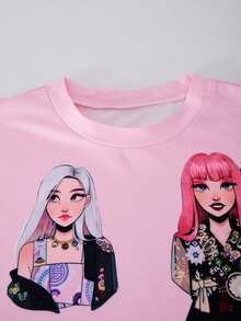 Camiseta infantil feminina de 8 a 12 anos com estampa de desenho animado em blocos de cores, gola redonda e manga curta. Ideal para o verão. - Rosa - Ver 6