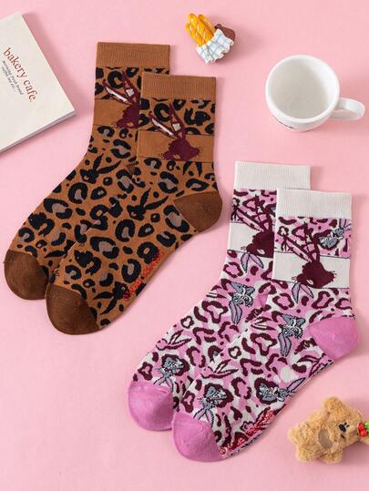2双兔八哥图案女士中筒袜，豹纹印花，可爱卡通独特设计，防臭吸湿休闲船袜，印有疯狂兔子卡通图案，适合学生/成人作为礼物和日常穿着，情侣款。