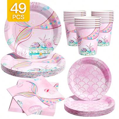 Pink Mermaid Scale Disposable Plates, Napkins, Cups - One-Time Party Supplies Set For 8 Guests, Suitable For Birthday, Wedding, Theme Party, Family Picnic