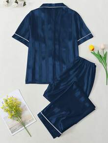 2pcs Striped Subtle Textured Satin Short-Sleeve And Pants Pajama Set - Spring/Summer Comfortable Casual Loungewear Set - Màu xanh lam - Xem 8