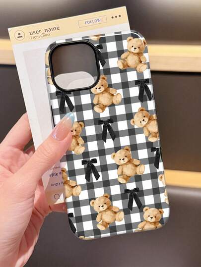 1pc Cute Cartoon Bear Bow Retro Plaid Pattern Glossy 2-In-1 Filmic Hard Phone Case, Suitable Compatible With Samsung/ 11/12/13/14/15/16/17 Pro Max