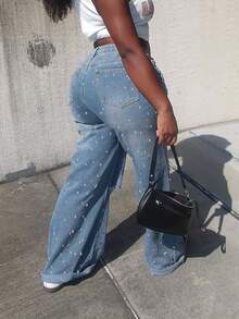 Y2K 水钻装饰宽松直筒破洞牛仔裤，情人节时尚休闲街头风 - 淺色水洗藍 - 查看 7