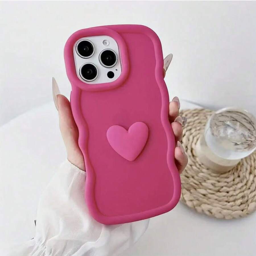 Wave Heart-Shaped Pink Phone Case, Personalized Phone Protective Cover Compatible With IPhone 17/16 Pro Max, 15 Pro, 14 Plus, 13, 12, 11, 7 Plus, 8, SE2, 16e - Hot Pink - View 1