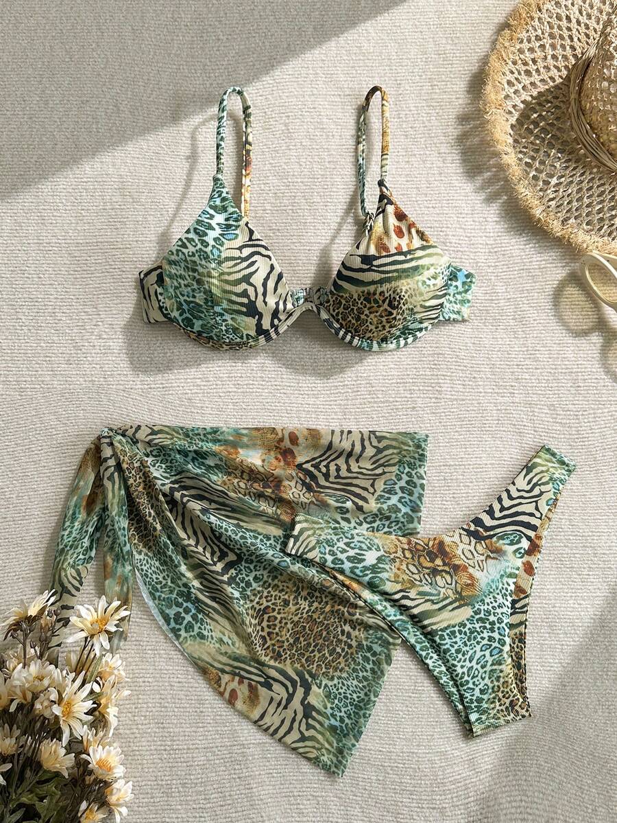 2026 European And American Women's Sexy Retro Leopard Print Bikini With Steel Support 3 PiecesSwimsuit Vacation - Multicolor - View 1