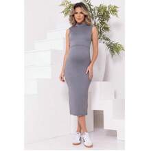 Maternity Ribbed Turtleneck Midi Dress With Slit - 灰色 - 查看 4