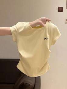 女童蝴蝶结刺绣褶皱修身圆领T恤，休闲百搭中大码儿童衬衫 - 淺灰色 - 查看 2