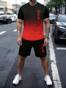 AICJ 2 件套男士休闲睡衣套装，皇冠和扑克牌图案 T 恤上衣带口袋，短裤，春夏季家居服 - 酒紅色 - 查看 4