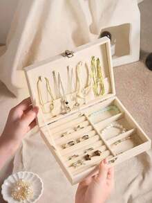 Jewelry Storage Box With Lock, Velvet Multi-Layer Jewelry Box, Desktop Jewelry Organizer, Jewelry & Accessories Storage Box, Moisture-Proof Jewelry Box, Necklace Holder, Ring Box, Convenient Jewelry Storage Case, Multi-Function Jewelry Organizer, Soft Fabric Lining, Exterior Lock Clasp, Interior Compartment Hooks, Suitable For Storing Rings, Necklaces, Earrings, Pendants - Lockable Jewelry Box - View 4