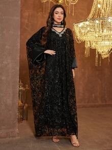 Đầm dạ hội dài tay cổ tàu bằng satin đính đá thủ công dành cho nữ của SUPGIR - màu đen - Xem 1