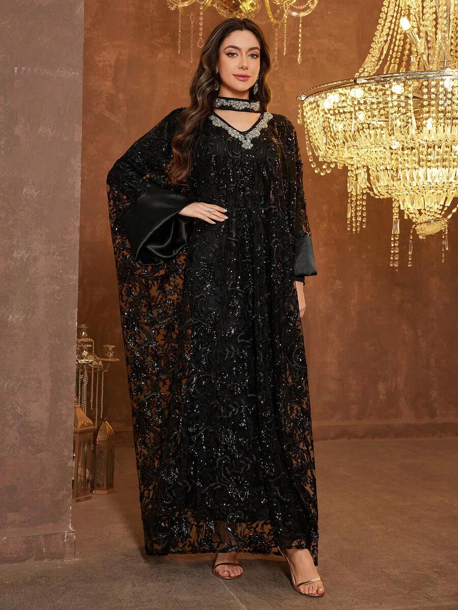 Đầm dạ hội dài tay cổ tàu bằng satin đính đá thủ công dành cho nữ của SUPGIR - màu đen - Xem 1