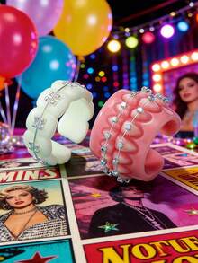 2 piezas de anillos con forma de dientes divertidos, anillos abiertos encantadores, diseño creativo de dibujos animados de material acrílico, anillos de moda - Multicolor - Ver 16