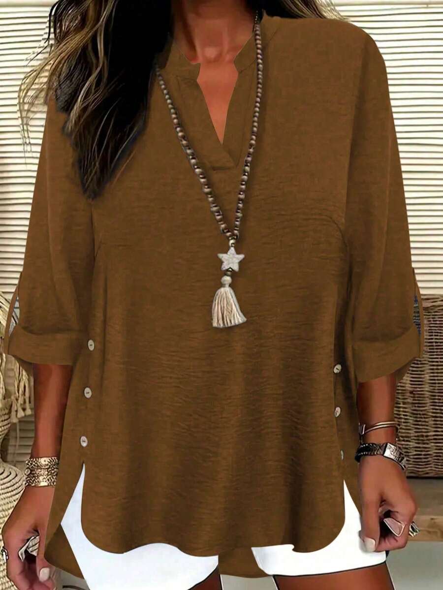 Plus Size Casual Solid Color Button Decor Notch Collar Shirt Spring