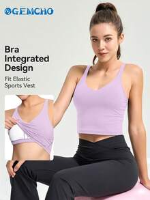 Sleeveless Sports Yoga Bra, Thick Medium Support, No Wire, Long Style, Spring/Summer - Lilac Purple - View 11