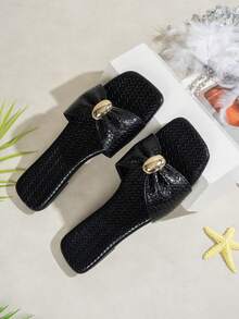 Dép xăng đan đế bằng bằng rơm dệt kim trang trí hình bướm cho nữ, kiểu dáng tối giản thoải mái, thích hợp cho kỳ nghỉ, bãi biển, ở nhà và mặc hàng ngày, màu đen, hở mũi. - màu đen - Xem 2