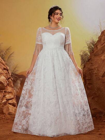 MGIACY新款圆领精致大码婚纱，饰有刺绣、蕾丝腰带、珍珠吊坠项链，短袖A字裙