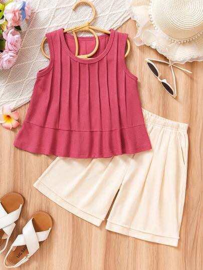 2 件套女童纯色褶皱无袖上衣和阔腿裤套装，简约时尚，适合 4-7 岁女童