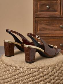 Vintage Brown Crocodile Embossed Square Toe Sandals, Metal Buckle Open Back Thick Heel Design, Versatile High Heels For Work & Commute - Brown - View 3