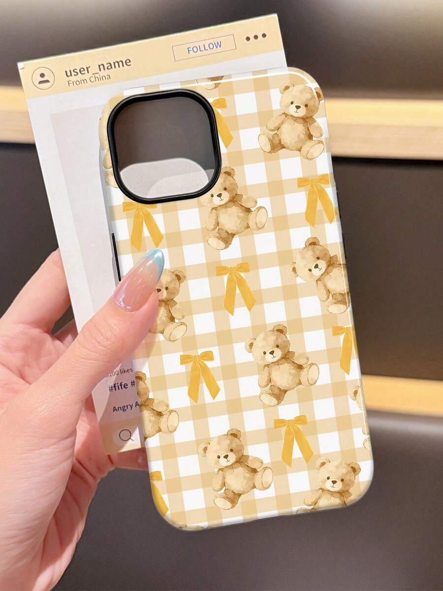 1pc Cute Cartoon Bear Bow Retro Plaid Pattern Glossy 2-In-1 Filmic Hard Phone Case, Suitable Compatible With Samsung/ 11/12/13/14/15/16/17 Pro Max - Multicolor - View 1